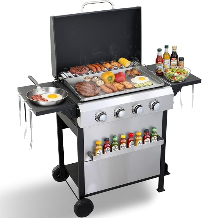 CIG GARDEN 4-Burner Propane Flat Top Grill 42000 BTU Stainless Steel Commercial-Style Griddle for Patio Backyard Camping &amp Outdoor BBQ