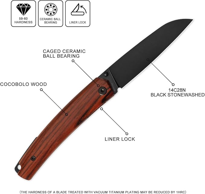 Petrified fish PF719 Patte Folding Knife3.38 14C28N Steel Black Stonewashed Blade Cocobolo Wood Handle Thumb Stud Liner lock Pocket Knife