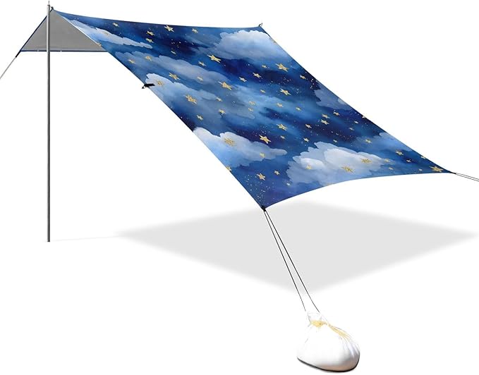 ALAZA Blue Clouds Stars Beach Tent Sun Shelter UPF50+ Protection Beach Shade Canopy w/ 4 Sandbags for Outdoor Camping Fishing Backyard Fun Picnic 10x9 ft