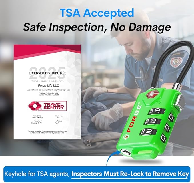 TSA Approved Cable Luggage Locks Re-settable Combination with Alloy Body (Green 4 Locks)