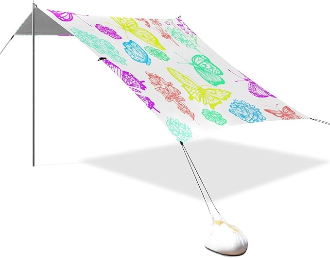 xigua Butterfly Beach Tent Sun Shelter with Carrying Bag - Silver Coated Oxford Fabric Beach Canopy for Beach Camping Fishing - Includes Windproof Ropes Sandbags &amp Stakes