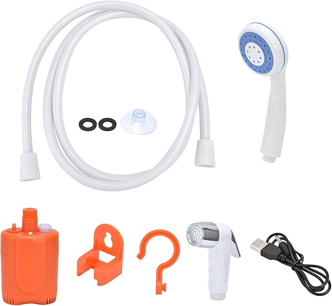 Portable Outdoor Shower Camping Pump Handheld Sprayer USB Charging for Hiking Traveling (Orange)