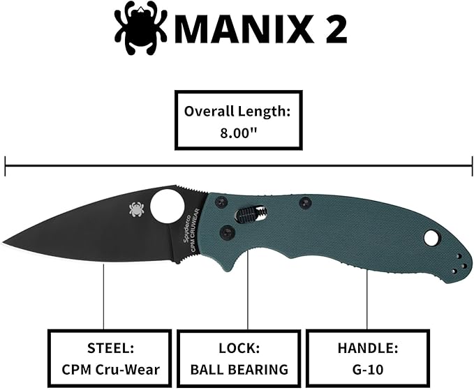 Spyderco Manix 2 Folding Pocket Knife with 3.3 CPM CRU-Wear Steel Blade and G-10 Handle - EDC Knife for Men and Women Perfect for Hunting Tactical Camping Survival - PlainEdge - C101GPFGBK2