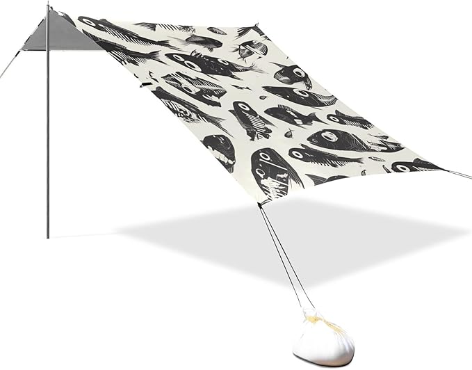 Dead Fish Skeletons Foldable Beach Canopy UPF50+ Waterproof Shade Sun Shelter with Sandbags &amp Sand Shovel for Camping Picnics Backyard &amp Fishing