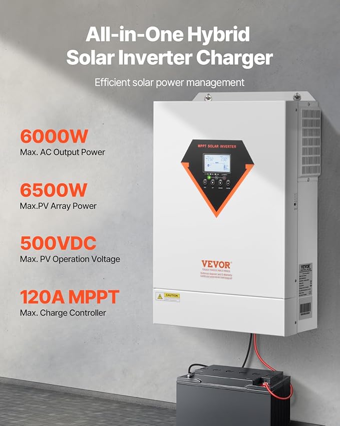 VEVOR Hybrid Solar Inverter 6000W Single Phase Pure Sine Wave Power Inverter 48V DC to 220/230V AC with Built-in 120A MPPT Solar Charge Controller for Off-Grid System Lead Acid Lithium Battery