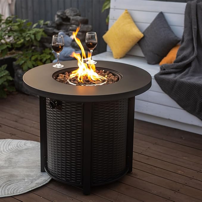 30'' Round Propane Fire Pit Table 50000 BTU Steel Gas FirePit for Outdoor Fire Table with Lid Add Warmth &amp Ambience to Gatherings and Parties On Patio Deck Garden Backyard Black.