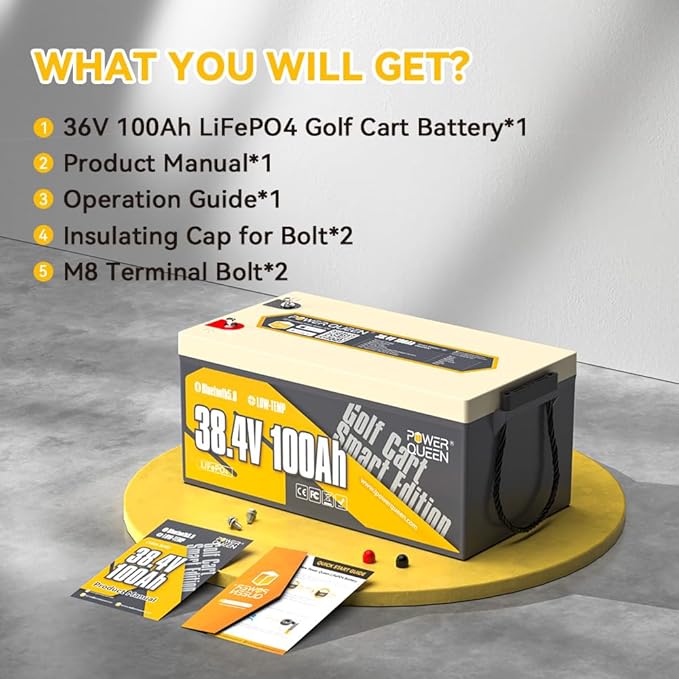 Power Queen LiFePO4 Battery 36V 100Ah Bluetooth Lithium Battery 15000+ Cycles Group 8DLow Temp Protection for 36V-72V Electric Outboard Motors Marine Golf Cart E-Z-GO TXT Off-Grid Home Energy