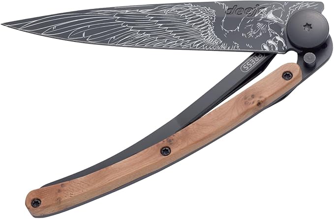 deejo - 37G Folding Pocket Knife with Belt Clip - Eagle Design 3.7-Inch Stainless Steel Blade Black Titanium Finish Juniper Wood Handle - Lightweight Everyday Carry for Home Work and Outdoor Use