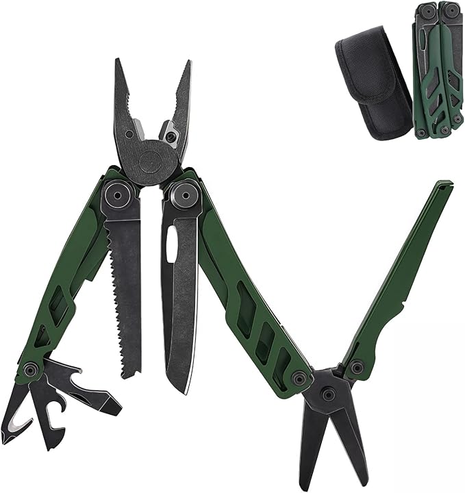 Multitool 16-in-1 Full-Size Lightweight EDC Multi-Purpose Pliers Pocket Knife Scissors Tactical Gear Tools Gifts for Guys Equipment for Emergencies Hiking and Outdoor Camping (Green)