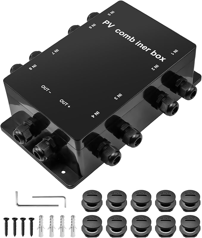Roof Combiner Box for Solar Panels Weatherproof PV Combiner Box for RV and Off-Grid/Grid-Connected Solar Systems 8 in 1 Out Solar Panel Connection Box IP68 Waterproof