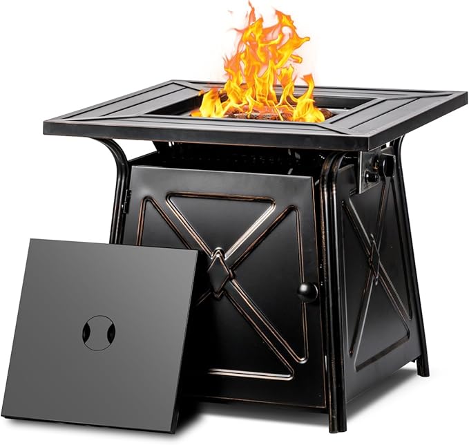 OutVue 28 inch Propane Fire Pit TableGas Fire Pits Table for Outside50000 BTU Propane Firepit with Lid &ampLava RocksGas Firepit for GardenYard (Black)