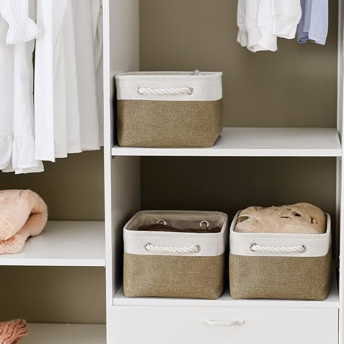 TheWarmHome Storage Basket for Organizing - 14x10x7 inch Medium 3 Pack Collapsible Storage Bin for Shelves with Handles Canves Storage Box for Organizer Cubes Cloth Gift Toy Closet (White &amp Khaki
