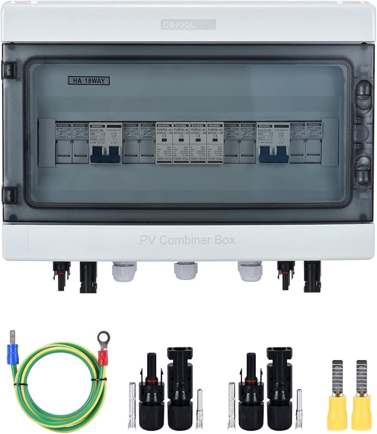 DIHOOL PV Solar Combiner Box with Lightning Surge Protector Arrester 4 String 4 in 2 Out 25A 500V DC Breaker Fuse Inline Box for 4 Arrays and 2 Inverters