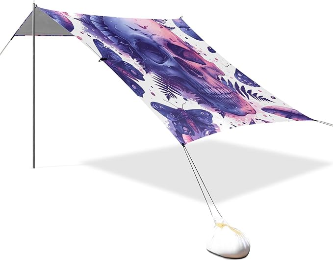 ALAZA Skull Butterfly Beach Tent Sun Shelter UPF50+ Protection Beach Shade Canopy w/ 4 Sandbags for Outdoor Camping Fishing Backyard Fun Picnic 10x9 ft