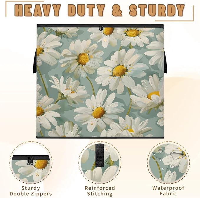 XL Large Clothes Storage with Lid Handle Cute Floral Large Thick Clothes Blanket Storage Containers for Organizing Bedroom Closet Comforter Organization Storage White Daisy Flower