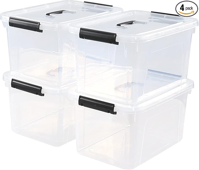 Esdiplot 10.5 L 4 Pack Clear Storage Box with Lid Plastic Latching Bins with Handles