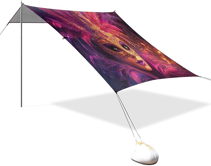 Carnival Masquerade Mask Mardi Gras Beach Tent Sun Shelter Set UPF50+ UV Protection 10.5 x 9.19 FT Camping Shade Canopy with Sandbags Sand Anchors Carrying Bag and Others