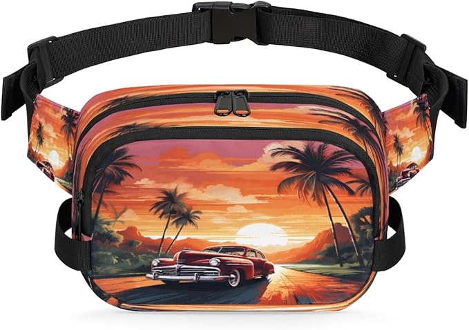Sunset Coconut Island Tree Car Coconut Waterproof Fanny Pack for Women Men Adjustable Waist Bag with Double Zipper Pockets Lightweight Square Hip Pack for Running Travel Hiking Workout Cycling