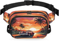 Sunset Coconut Island Tree Car Coconut Waterproof Fanny Pack for Women Men Adjustable Waist Bag with Double Zipper Pockets Lightweight Square Hip Pack for Running Travel Hiking Workout Cycling