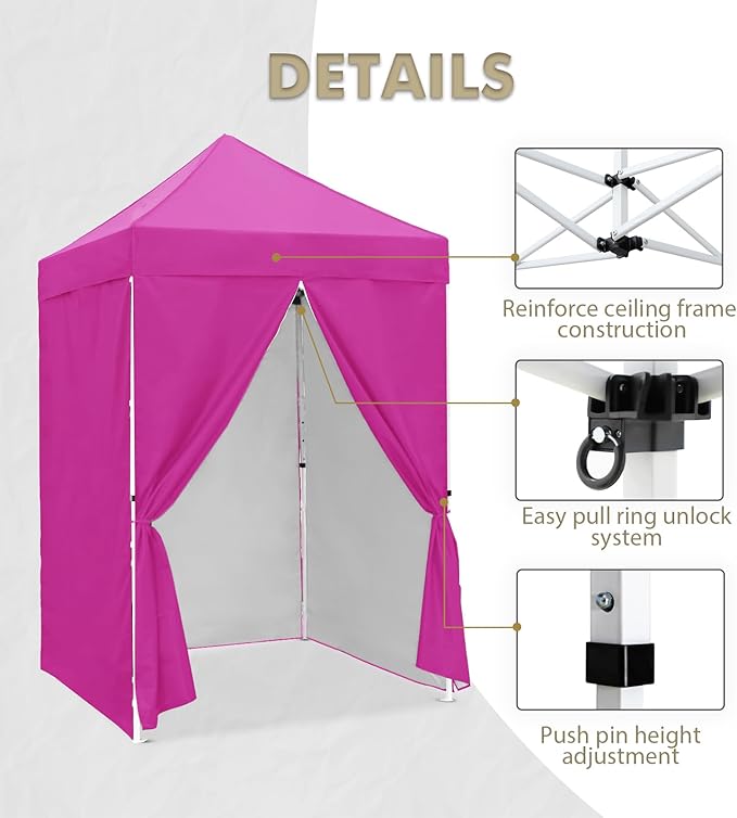 EAGLE PEAK 5x5 Instant Canopy with 4-Side Wall Panels Small Pop up Portable Canopy Tent with Carry Bag Light Weight Sun Shelter for Sports Camping and Beach Pink