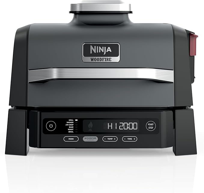Ninja Woodfire Outdoor Grill &amp Smoker 6-in-1 Functionality Grill Smoke Bake Roast Air Fry Broil Authentic Woodfire Flavors Electric Heat OG321