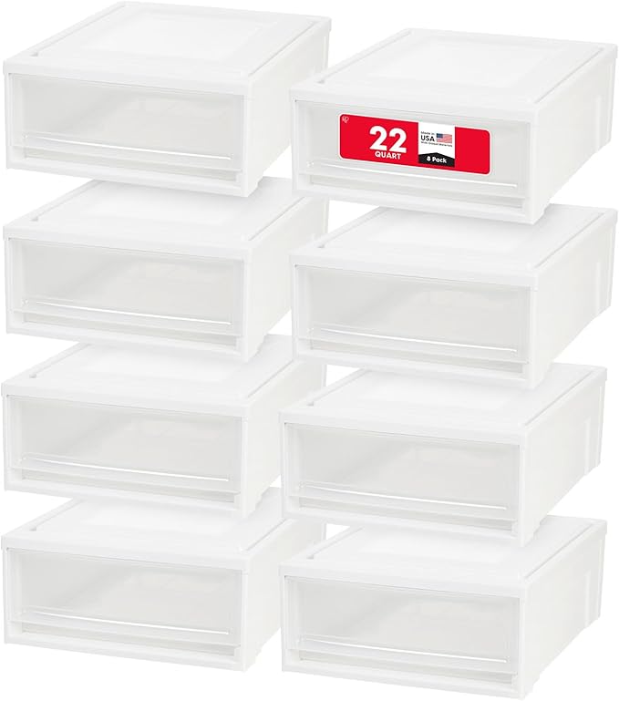 IRIS USA 22 Qt Under Bed Storage Drawer Stackable Plastic Organizer Bin Smooth-Glide Sliding Drawer 8 Pack White