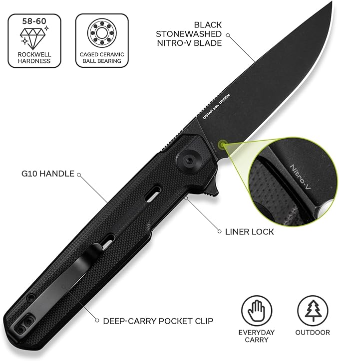CIVIVI Navo Pocket Knife for EDC 3.25 Nitro-V Blade G10 Handle with Reversible Clip Folding Knife for Men Women C25015A-1 Black