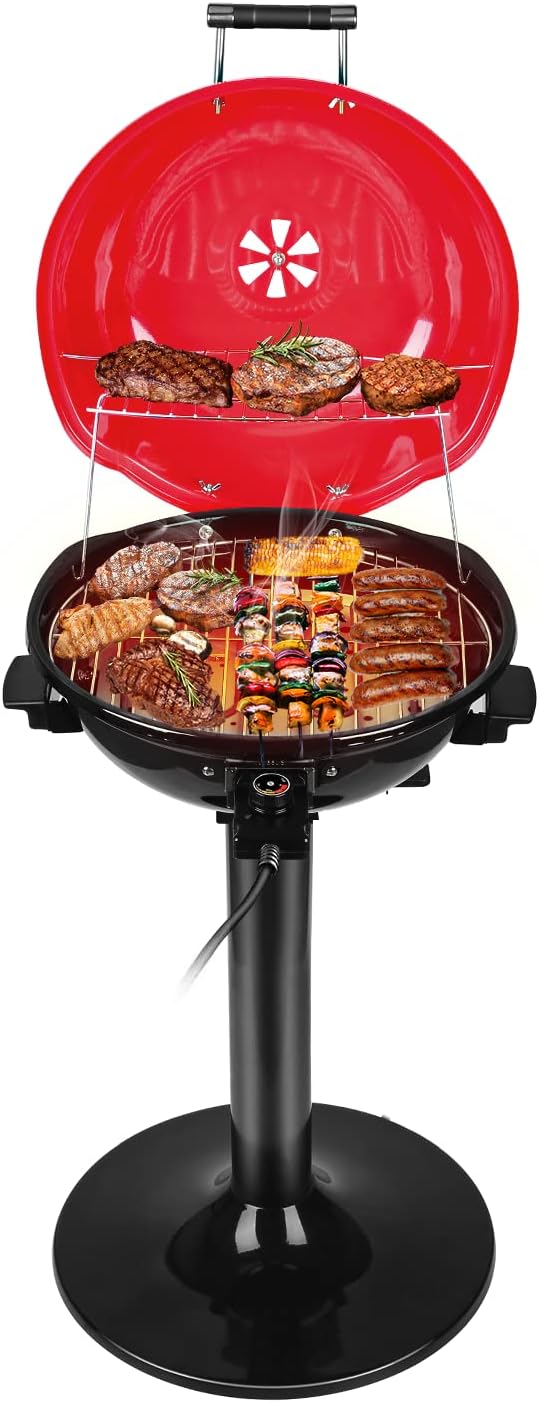 Electric Grill Outdoor BBQ Techwood 15-Serving Indoor/Outdoor Electric Grill for Indoor &amp Outdoor Use Double Layer Design Portable Removable Stand Grill 1600W (Stand Red BBQ Grills)