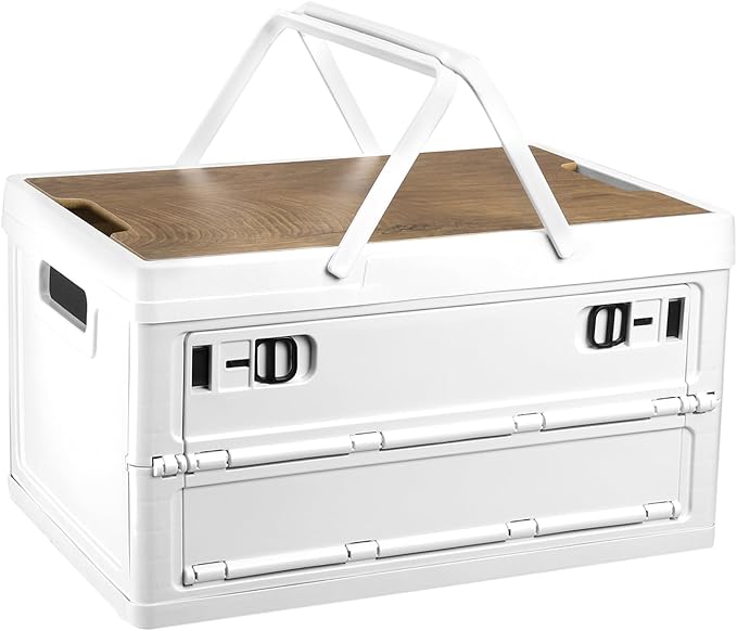 PATIKIL Collapsible Storage Bins with Lids and Handle 1 Pcs 30L 8Gal Plastic Camping Storage Box Stackable Side Opening Organizer Basket for Car Rv Office Home White