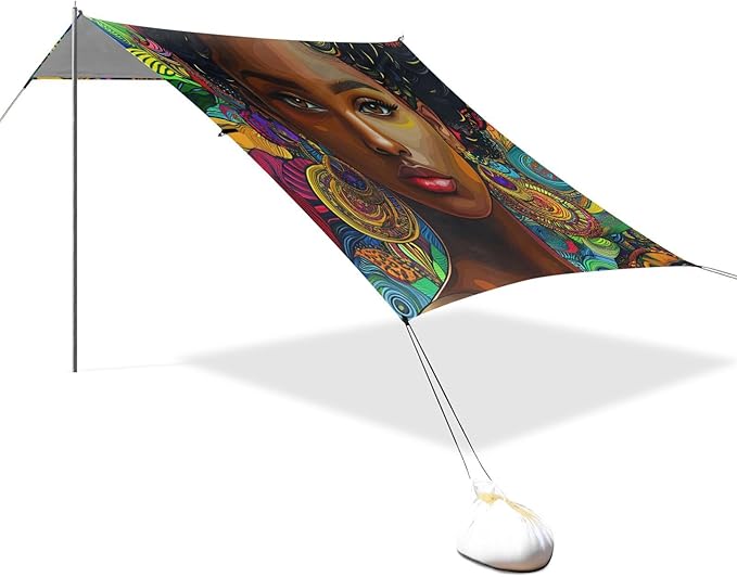 ALAZA African American Woman Bohomian Beach Tent Sun Shelter UPF50+ Protection Beach Shade Canopy w/ 4 Sandbags for Outdoor Camping Fishing Backyard Fun Picnic 10x9 ft