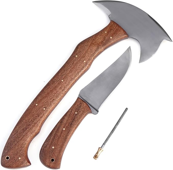 Hand Forged Tomahawk Throwing Axe and Bushcraft Knife Set Heavy Duty D2 Steel Tomahawk Throwing Axe and Bushcraft Knife Set with Leather Sheath Perfect Combo for Outdoorsmen