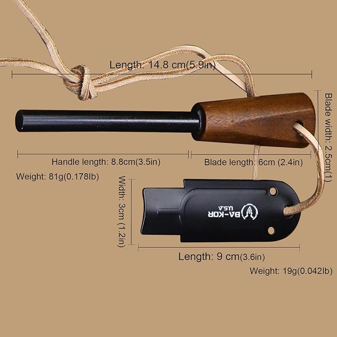 BA-KOR (Survivor III) 35.5CM (14.2 ) DC53 steel 10mm thickened full Tang fixed knife+ leather sheath &amp(5.9IN) Cerium Igniter suitable for outdoor hunting cutting chopping camping obstacle re