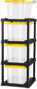Sterilite 4 Tier Tote Rack Vertical Plastic Organizer with 4 Pack 27 Gallon Industrial Storage Totes Clear - for Garages Workshops or Basements