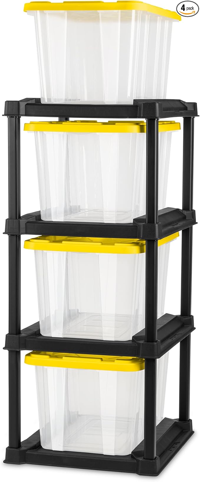 Sterilite 4 Tier Tote Rack Vertical Plastic Organizer with 4 Pack 27 Gallon Industrial Storage Totes Clear - for Garages Workshops or Basements
