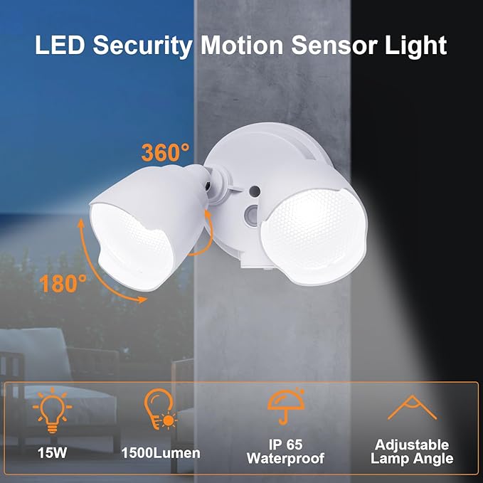 2 Pack 15W LED Flood Light Outdoor 1500 Lumen Exterior Security Lights 3000K/5000K Light IP65 Waterproof Dual-Head Wall/Eave Mount Flood Light Energy Saving for Garage Patio Yard (White)