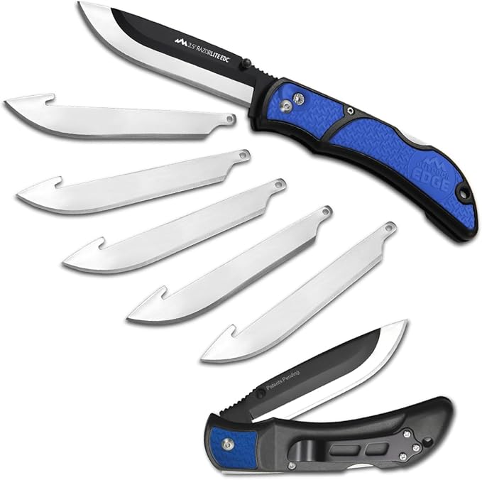 OUTDOOR EDGE 3.5 RazorLite EDC Knife. Pocket Knife with Replaceable Blades and Clip. Perfect For Hunting &amp Skinning Deer. Blue with 6 Blades