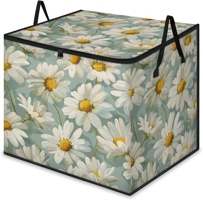 XL Large Clothes Storage with Lid Handle Cute Floral Large Thick Clothes Blanket Storage Containers for Organizing Bedroom Closet Comforter Organization Storage White Daisy Flower