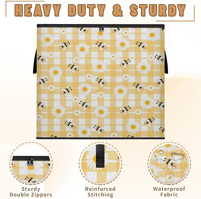 Large Daisy Storage Bags with Lid XL Blanket Clothes Storage Bins Foldable Organizers Storage Containers with Handle for Comforters Bed Sheets Pillows Flowers with Bees in Spring