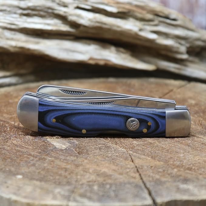 WHISKEY BENT HAT CO. Trapper &amp Locking Bullcutter Folding Pocket Knife 4.125 Closed Length 440C Stainless Steel Blades (Blue Burst)