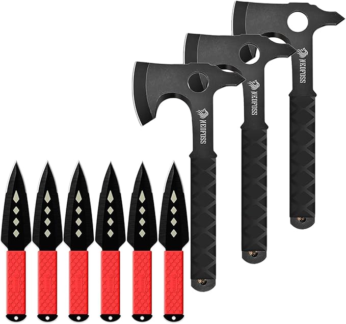 NedFoss Kunai Throwing Knives with Throwing Axe Set Thick and Strong Full Tang One Piece Design Inovative TPR Rubber Wrapped Handle