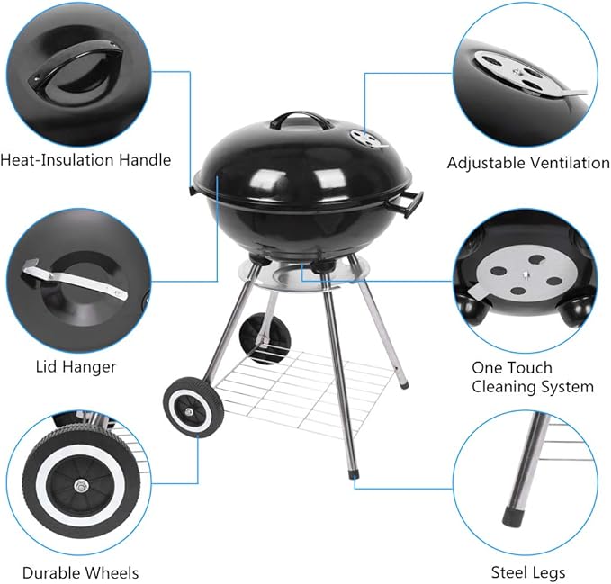 VINGLI 18 Inch Charcoal Grill Original Kettle Apple Charcoal Grilling Stove Large Oven for Outdoor Courtyard Picnic Roast Meat Home BBQ