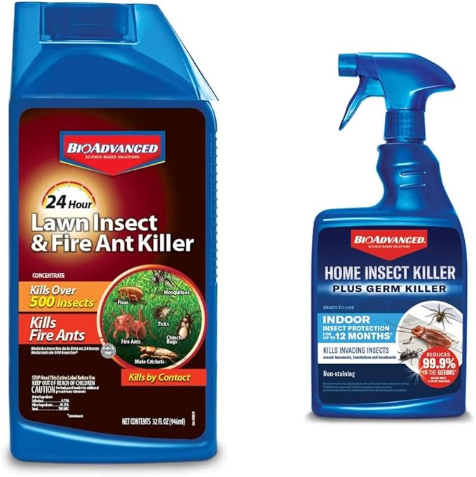 BioAdvanced 24 Hour Lawn Insect &amp Fire Ant Killer Concentrate 32 oz with BioAdvanced Home Pest Insect Killer Plus Germ Killer Ready-to-Use 24 oz