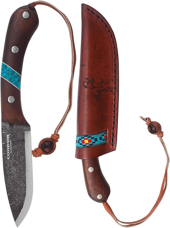 Condor Tool &amp Knife Blue River Fixed Blade Knife - 1095 High-Carbon Steel Blade with Full-Tang Construction - Walnut Handle with Turquoise Stone Inlay - Ideal for Bushcraft Camping &amp Survival