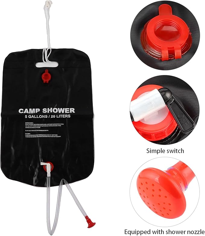 Gavigain 20L Solar Shower Bag5 gallons Solar Heating Camping Shower Bag with Removable Hose for Camping Beach Swimming Outdoor Traveling