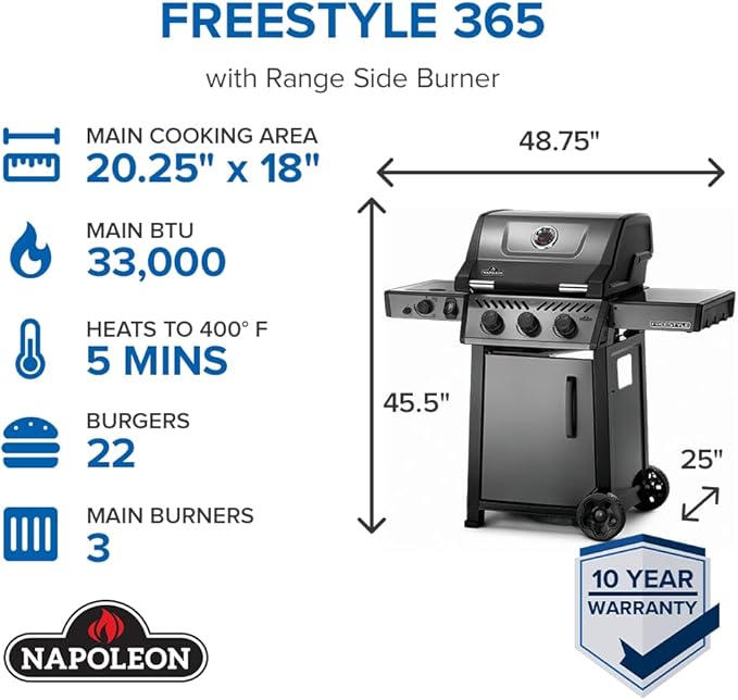 Napoleon Freestyle 365 Propane Gas Outdoor Grill with Range Side Burner Graphite Grey – 4-Burner BBQ for Versatile Cooking