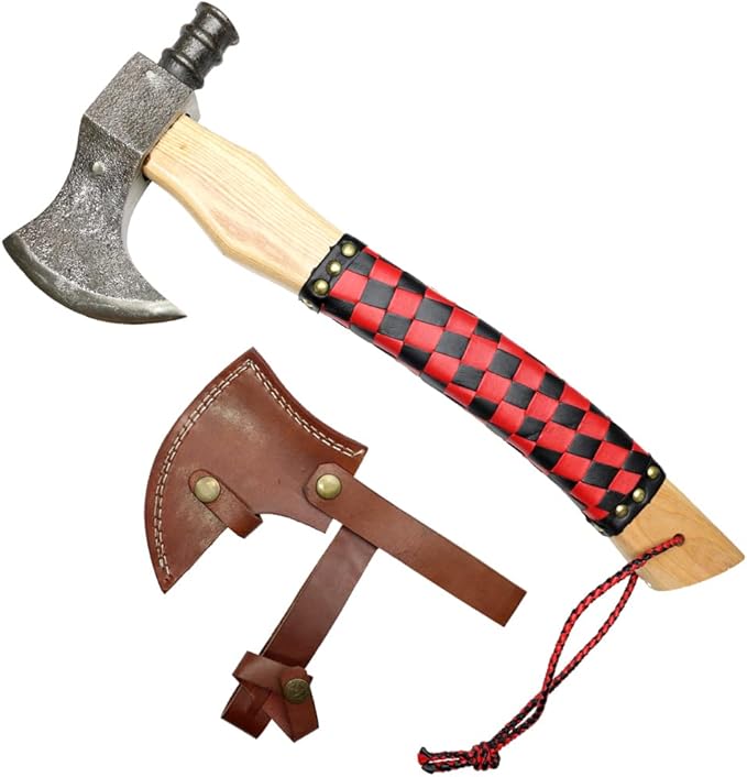 TheBoneEdge 18 Red &amp Black Leather Wrapped Handle Steel Forged Blade Hunting Axe with Sheath