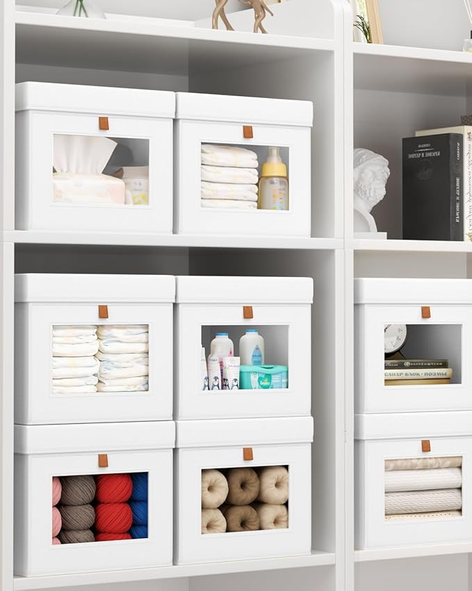 Homsorout Storage Bins with Lid – Closet Organizer with Side Opening and Clear Window Foldable Stackable Fabric Basket for Clothes Home Office - 13.77 x 11.8 x 9.8 4 Pack White