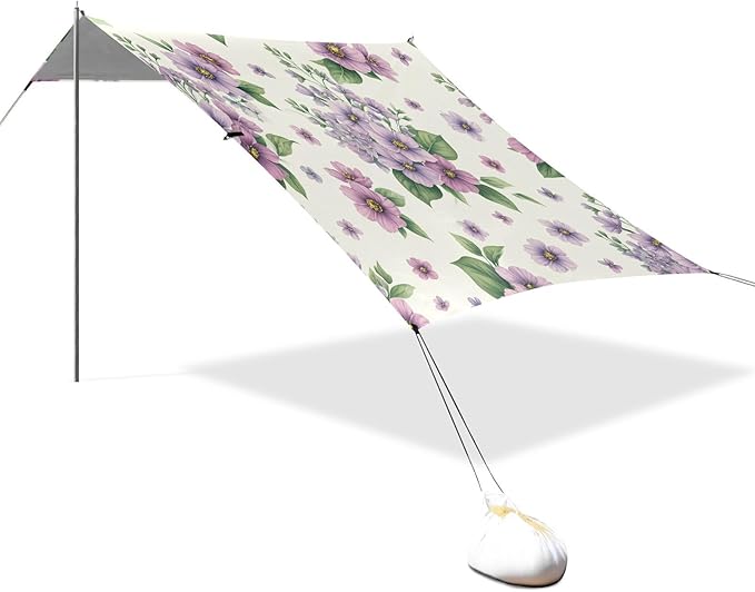 Elegant Violet Flowers Beach Tent Sun Shelter Set UPF50+ UV Protection 10.5 x 9.19 FT Camping Shade Canopy with Sandbags Sand Anchors Carrying Bag and Others