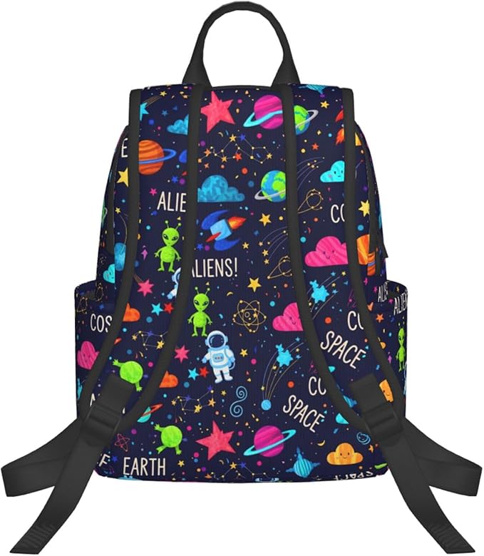 Cartoon space rockets astronaunt planets stars alien art Travel Backpack Water Resistant Bookbag