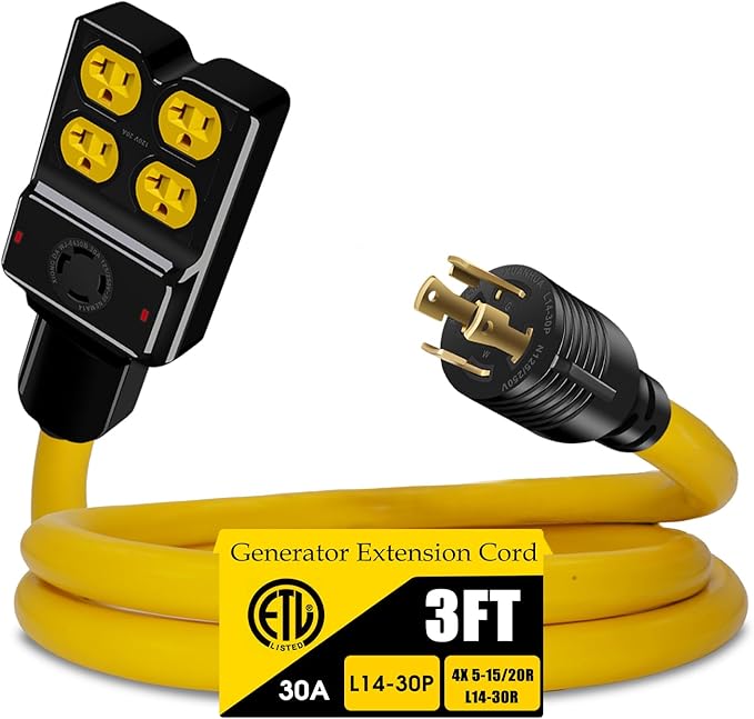 NEMA L14-30P to 4X 5-20R/5-15R&ampL14-30R Generator Adapter Extension Cord 4 Prong 30 Amp to 110VTwist Locking to 15 Amp/20 Amp Household Outlet 125/250V 7500 Watts ETL Listed (3FT)